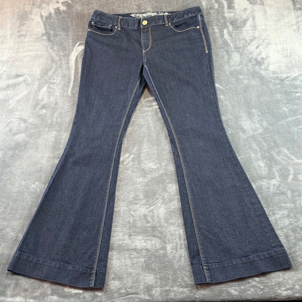 Express Jeans Womens 12 Dark Wash Flare Wide Leg Denim Mid Rise Stretch Blue